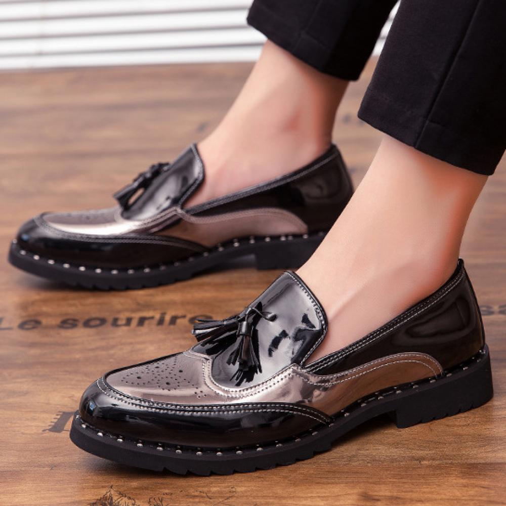 Black Silver Wingtip Tassels Mens Loafers Flats Dress Shoes