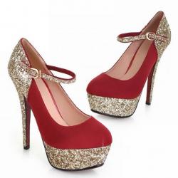 Red Gold Glitters Platforms High Stiletto Heels Evening Mary Jane Shoes