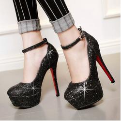 Black Bling Glitters Platforms High Stiletto Heels Evening Mary Jane Shoes