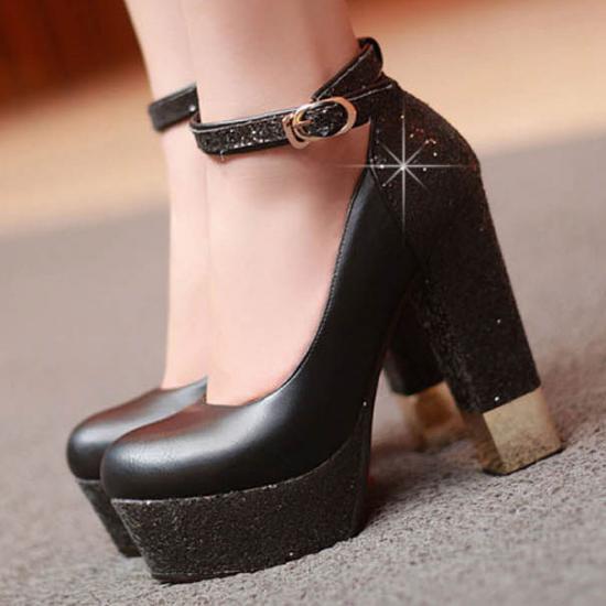 Black Glitters Platforms Block High Heels Eveing Gown Mary Jane Shoes Mary Jane Zvoof