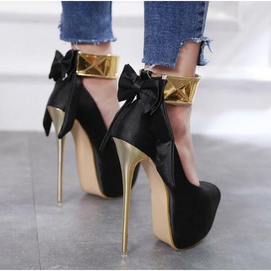 Black Gold Satin Peep Toe Ankle Cuff Bow Stiletto High Heels Shoes Super High Heels Zvoof