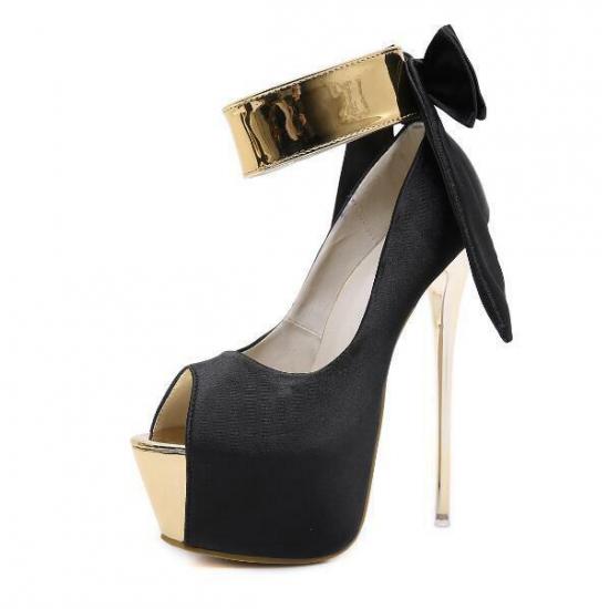Ladies Womens Shoes Gold Platform Stiletto High Heels Peep toe Black satin Shoes 