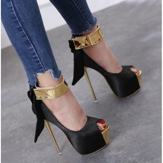 Black Gold Satin Peep Toe Ankle Cuff Bow Stiletto High Heels ...