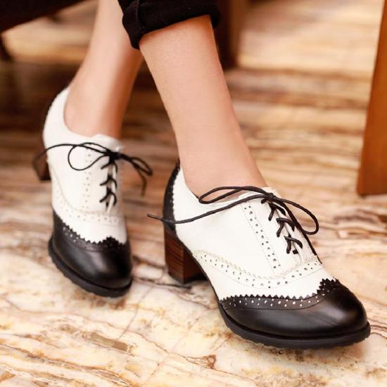 Black White Baroque Vintage Lace Up High Heels Oxfords Shoes Oxfords Zvoof