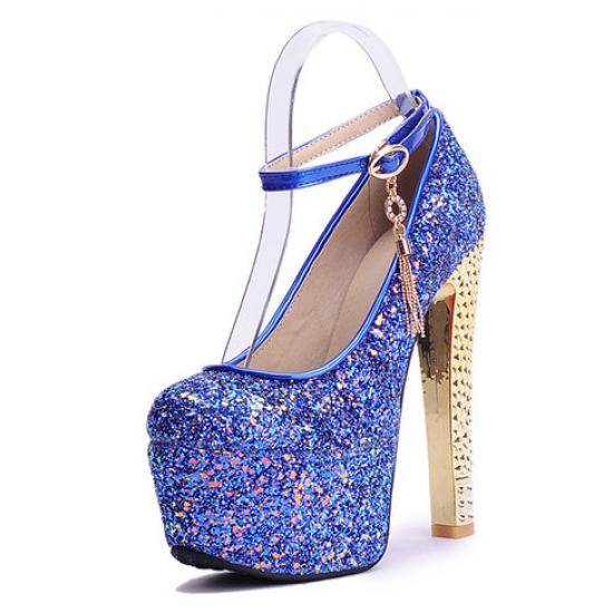 Blue Glitters Platforms Gold Block High Heels Bridal Mary Jane Shoes Mary Jane Zvoof