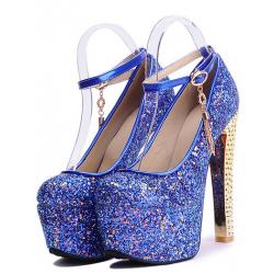 Blue Glitters Platforms Gold Block High Heels Bridal Mary Jane Shoes