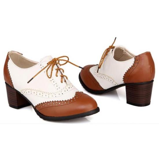 Brown White Baroque Vintage Lace Up High Heels Oxfords Shoes ...