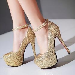 Gold Bling Glitters Platforms High Stiletto Heels Bridal Mary Jane Shoes