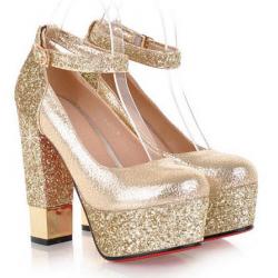 Gold Glitters Platforms Block High Heels Bridal Wedding Mary Jane Shoes