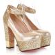 Gold Glitters Platforms Block High Heels Bridal Wedding Mary Jane Shoes Mary Jane Zvoof
