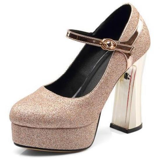 Gold Glitters Platforms Mirror Block High Heels Bridal Mary Jane Shoes Mary Jane Zvoof