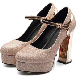 Gold Glitters Platforms Mirror Block High Heels Bridal Mary Jane Shoes
