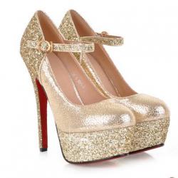 Gold Metallic Glitters Platforms High Stiletto Heels Bridal Mary Jane Shoes