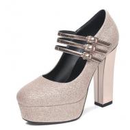 Gold Triple Straps Platforms Block High Heels Eveing Gown Mary Jane Shoes