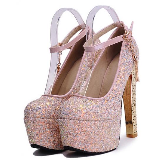 Pink Glitters Platforms Gold Block High Heels Bridal Mary Jane Shoes Mary Jane Zvoof