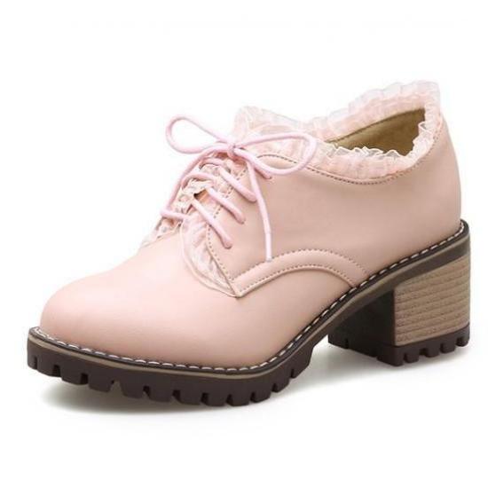 Pink Lace Ruffles Trim HIgh Heels Ankle Lolita Oxfords Shoes Oxfords Zvoof