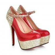 Red Gold Glitters Platforms High Stiletto Heels Bridal Mary Jane Shoes