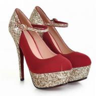 Red Gold Glitters Platforms High Stiletto Heels Evening Mary Jane Shoes