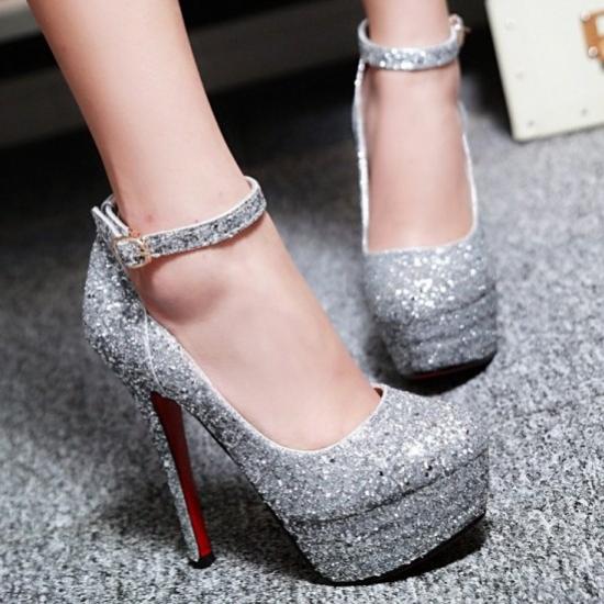 Silver Bling Glitters Platforms High Stiletto Heels Bridal Mary Jane Shoes Mary Jane Zvoof