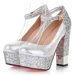 Silver Glitters Platforms Block High Heels Bridal Wedding Mary Jane Shoes