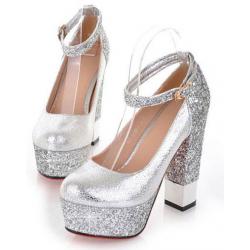 Silver Glitters Platforms Block High Heels Bridal Wedding Mary Jane Shoes