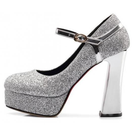 Silver Glitters Platforms Mirror Block High Heels Bridal Mary Jane Shoes Mary Jane Zvoof