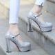 Silver Glitters Platforms Mirror Block High Heels Bridal Mary Jane Shoes Mary Jane Zvoof