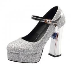 Silver Glitters Platforms Mirror Block High Heels Bridal Mary Jane Shoes