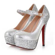 Silver Metallic Glitters Platforms High Stiletto Heels Bridal Mary Jane Shoes