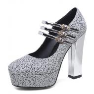 Silver Triple Straps Platforms Block High Heels Eveing Gown Mary Jane Shoes
