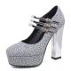 Silver Triple Straps Platforms Block High Heels Eveing Gown Mary Jane Shoes Mary Jane Zvoof