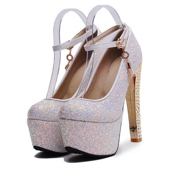 White Glitters Platforms Gold Block High Heels Bridal Mary Jane Shoes Mary Jane Zvoof