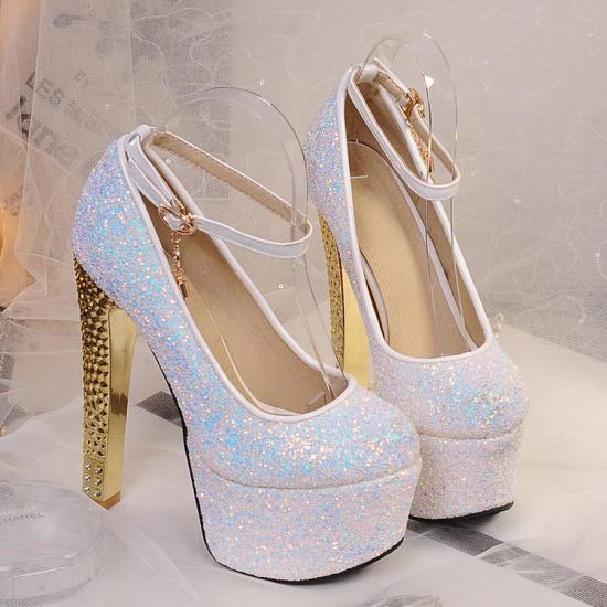 White Glitters Platforms Gold Block High Heels Bridal Mary Jane Shoes Mary Jane Zvoof