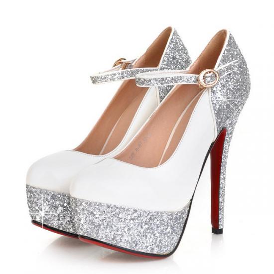 White Gold Glitters Platforms High Stiletto Heels Bridal Mary Jane Shoes Mary Jane Zvoof