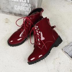 Burgundy Patent Lace Up Back Bow Military Combat Boots Booties