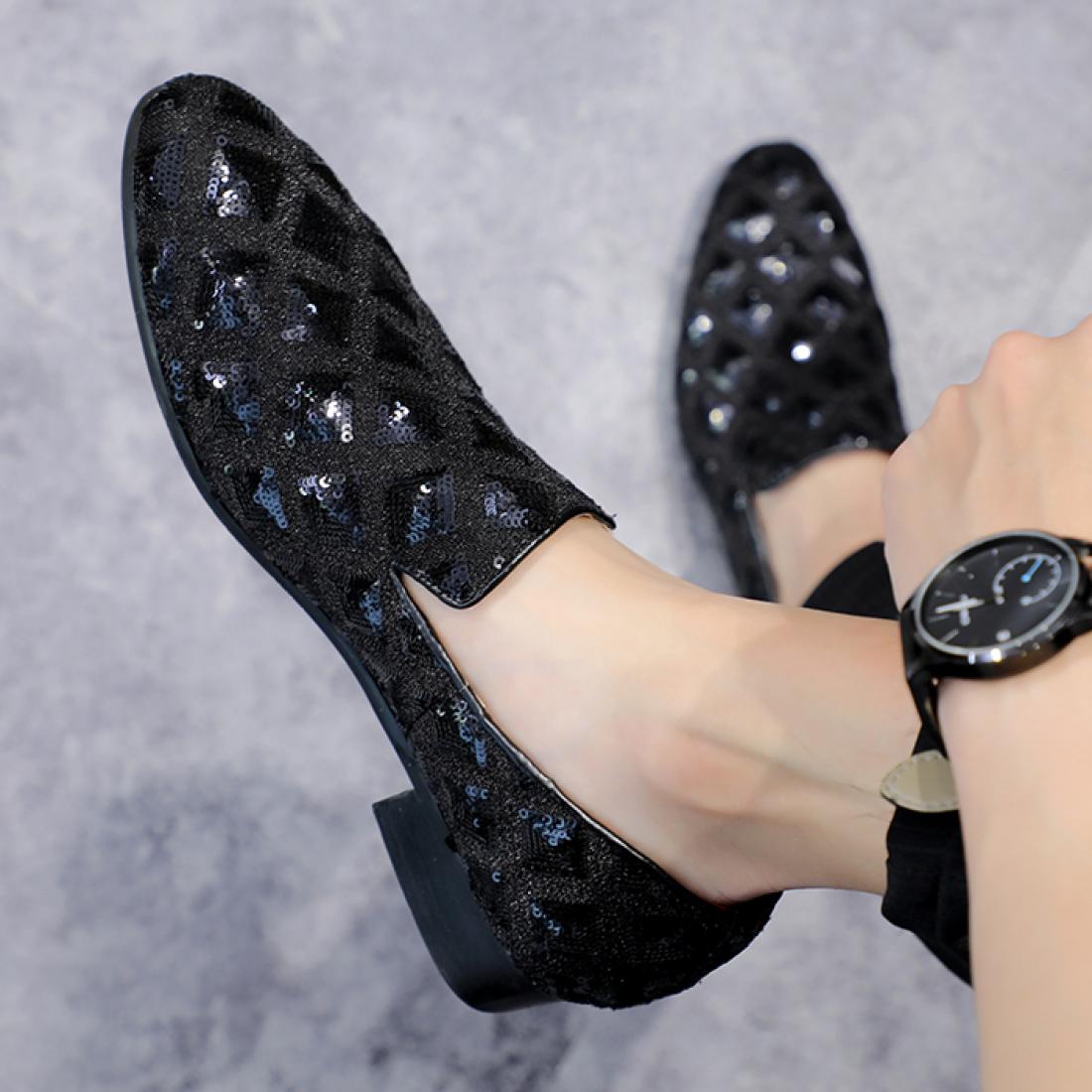 Black Checkers Sequins Bling Bling Mens Loafers Prom Flats ...