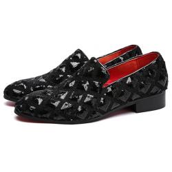 Black Checkers Sequins Bling Bling Mens Loafers Prom Flats Dress Shoes