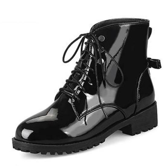 Black Patent Lace Up Back Bow Military Combat Boots Booties Boots Zvoof