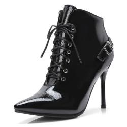 Black Patent Lace Up Pointed Head Ankle Stiletto High Heels Boots Booties