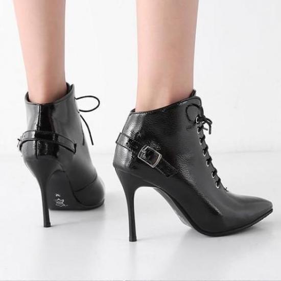Black Patent Lace Up Pointed Head Ankle Stiletto High Heels ...