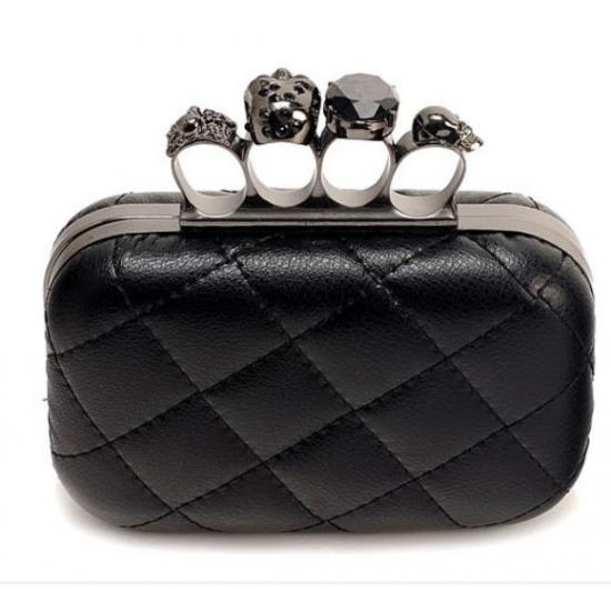 Black Quilted Skull Punk Rock Diamante Ring Evening Clutch Purses Bag Clutches Zvoof