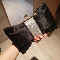 Black Satin Rhinestones Giant Bow Hand Evening Clutch Purses Bag