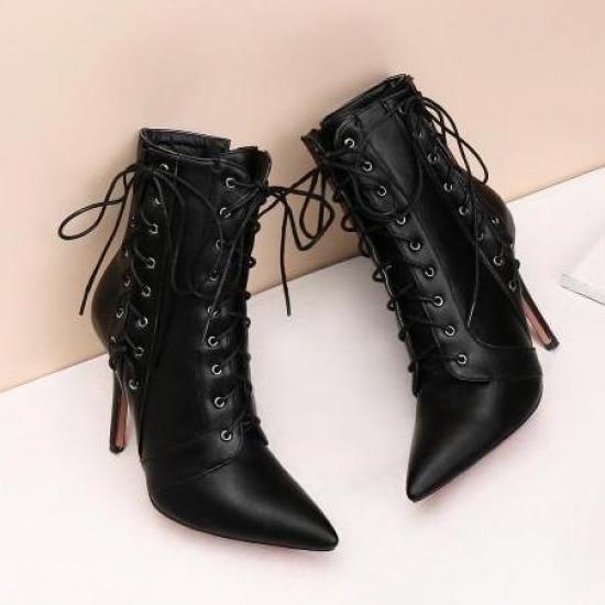 Black Side Lace Up Pointed Head Ankle Stiletto High Heels Boots High Heels Zvoof