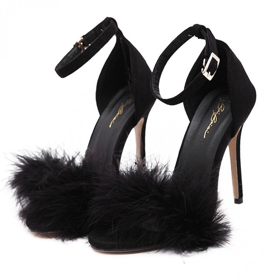 Black Suede Flurry Fur Stiletto High Heels Gown Sandals Shoes ...