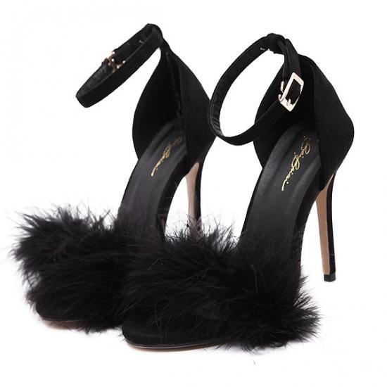 Black Suede Flurry Fur Stiletto High Heels Gown Sandals Shoes Sandals Zvoof