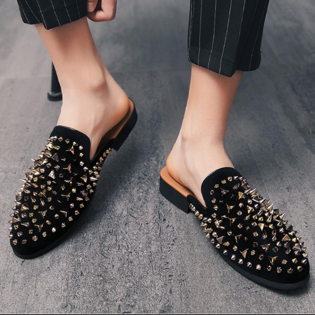 Black Suede Gold Rivets Spikes Mens Loafers Flats Dress Sandals ...