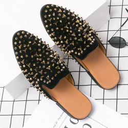 Black Suede Gold Rivets Spikes Mens Loafers Flats Dress Sandals Shoes
