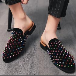 Black Suede Rainbow Rivets Spikes Mens Loafers Flats Dress Sandals Shoes