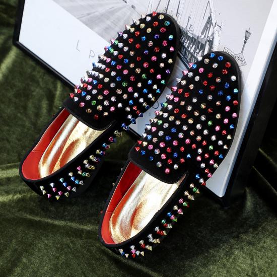 Black Suede Rainbow Studs Spikes Mens Loafers Prom Flats Dress Shoes Loafers Zvoof