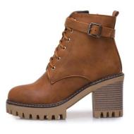 Brown Cleated Sole Lace Up HIgh Heels Chunky Ankle Miltary Boots Shoes
